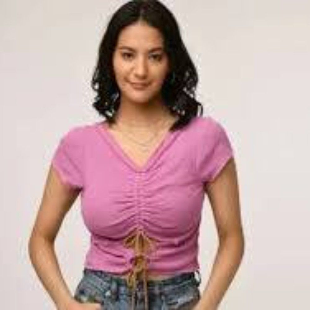 Free People V-Neck Waist Cut-Out Cropped Top Pink Short Sleeve Preowned Large